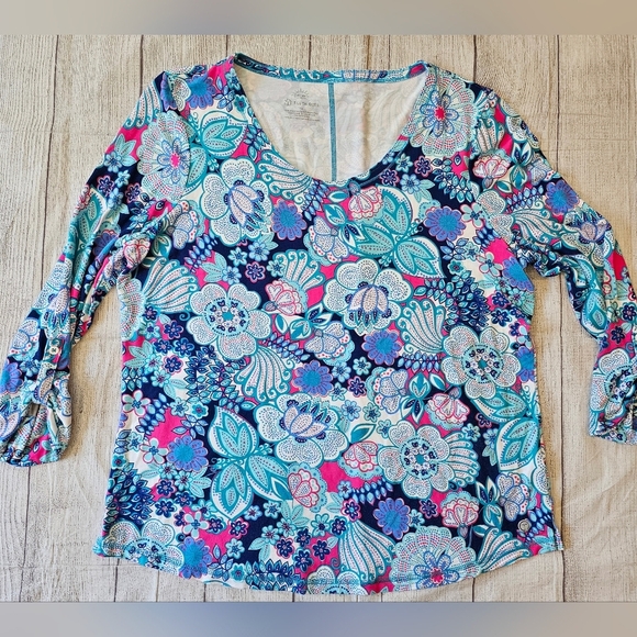 T by Talbots Size 1X UPF 50 Sun Protection Long Sleeve Roll Tab Floral Scoop Nec - Picture 1 of 7